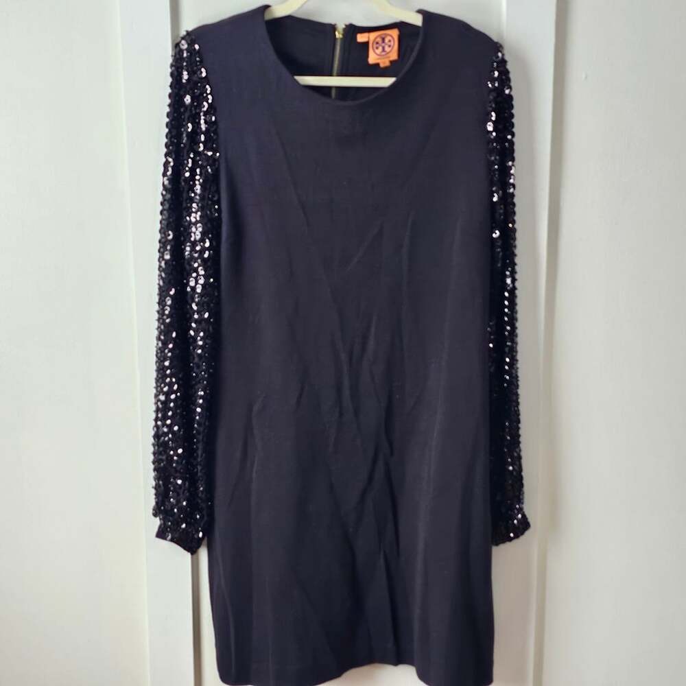 Tory Burch XL Black Wool Blend Sequin Sleeve Dress Cocktail Party Glam